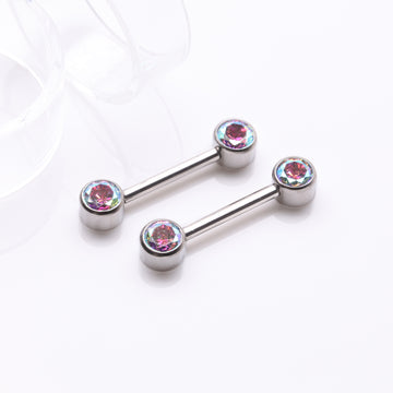 Detail View 1 of A Pair of Implant Grade Titanium Bezel Set Sparkle Internally Threaded Nipple Barbell-Aurora Borealis